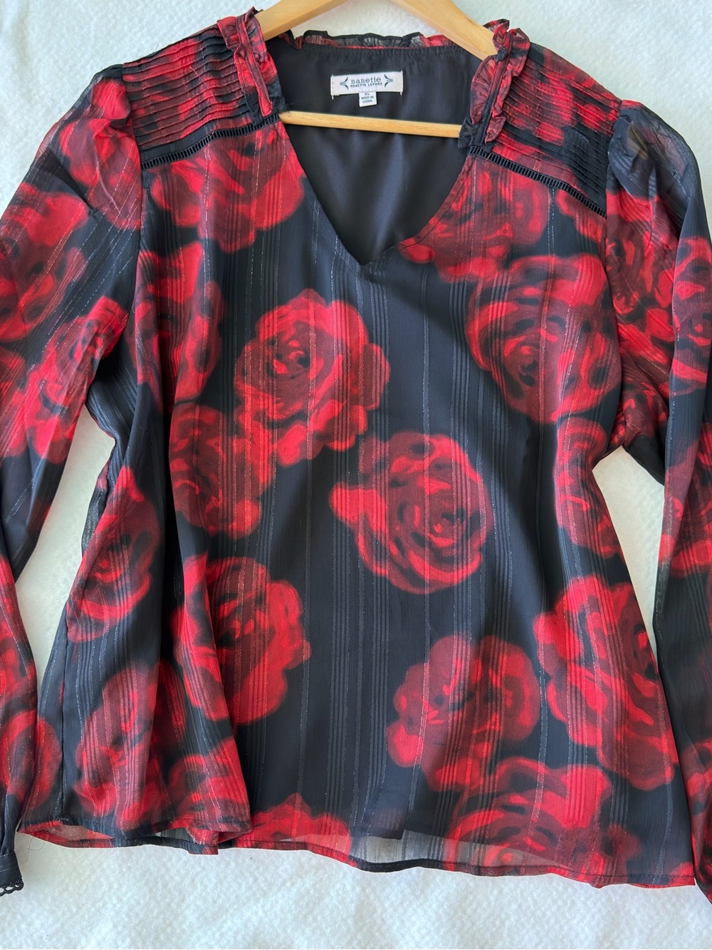 Nanette Lepore Black Red Rose Print V-Neck Sheer Blouse
